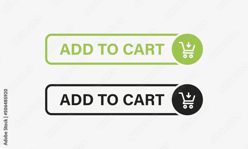 Aufkleber add to cart buttons label banner with shopping cart icon, shop basket symbol with arrow down