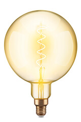 LED spiral filament tungsten vintage round light bulb, isolated on white background