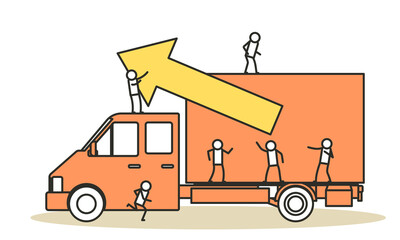 A male courier delivers goods around the city in a truck. Free shipping vector illustration