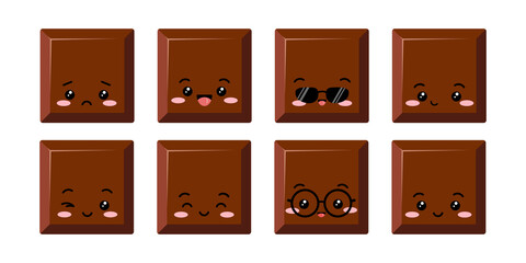 Cute square chocolate bar piece kids emoji character vector icon set. Yummy milky smilling, sad, winking choco chunk with face. Kawaii cartoon style cacao sweet food morsel emoticon illustration.