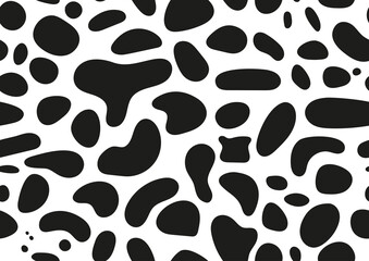 Fototapeta na wymiar Dalmatian spot seamless pattern, cow animal print texture on skin. Absract design and shapes dog or milk cow black spots on white background for fibres and textile. Simple endless leather backdrop.