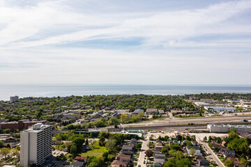 Fototapeta na wymiar South Etobicoke dron views Parklawn queen street west mimco condos in view ask well as lake ontario 