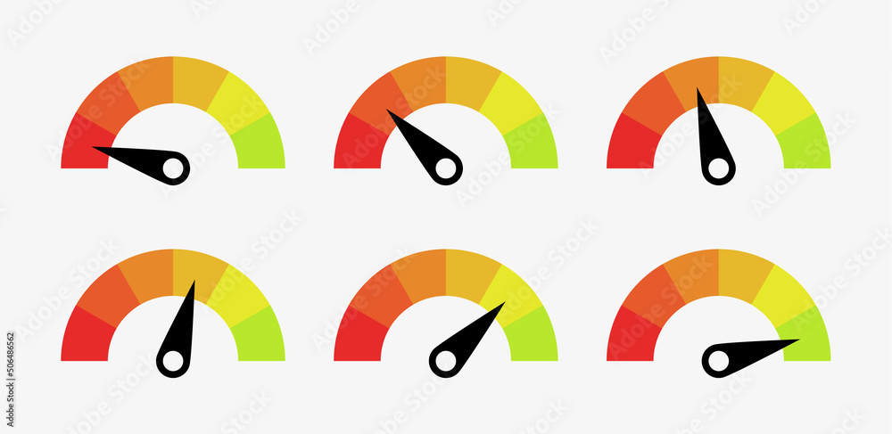 Aufkleber Feedback Speedometer slider icon sign with Satisfaction meter scale and arrow direction, tachometer level scale with rating frame - Speed indicator sign button - Fast speed signs