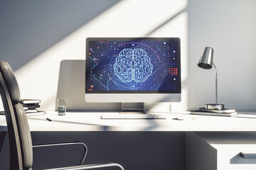 Modern computer monitor with creative artificial Intelligence symbol. Neural networks and machine learning concept. 3D Rendering