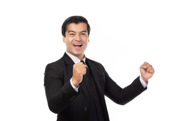 portrait of a confident business man in black suit and smile, expression face isolated on white background. Portrait businessman success concept.