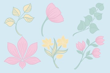 A set of simple doodles, illustrations of plants on a blue background, beautiful color pictures