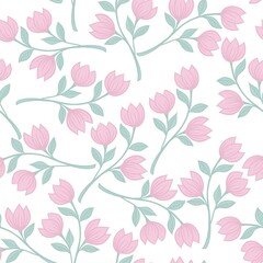 Decorative background of simple doodle illustration of twigs with pink flowers on a white background