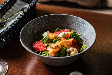 Buddha bowl with shrimps and fish