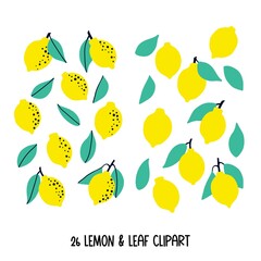 26 Lemon clipart with lemon fruits and lemon leaves. Vector illustration isolated. Simple cute drawing