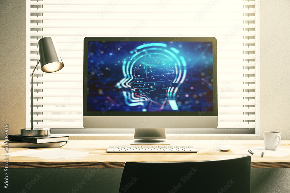 Poster creative artificial intelligence concept with human head sketch on modern computer monitor. 3d rende