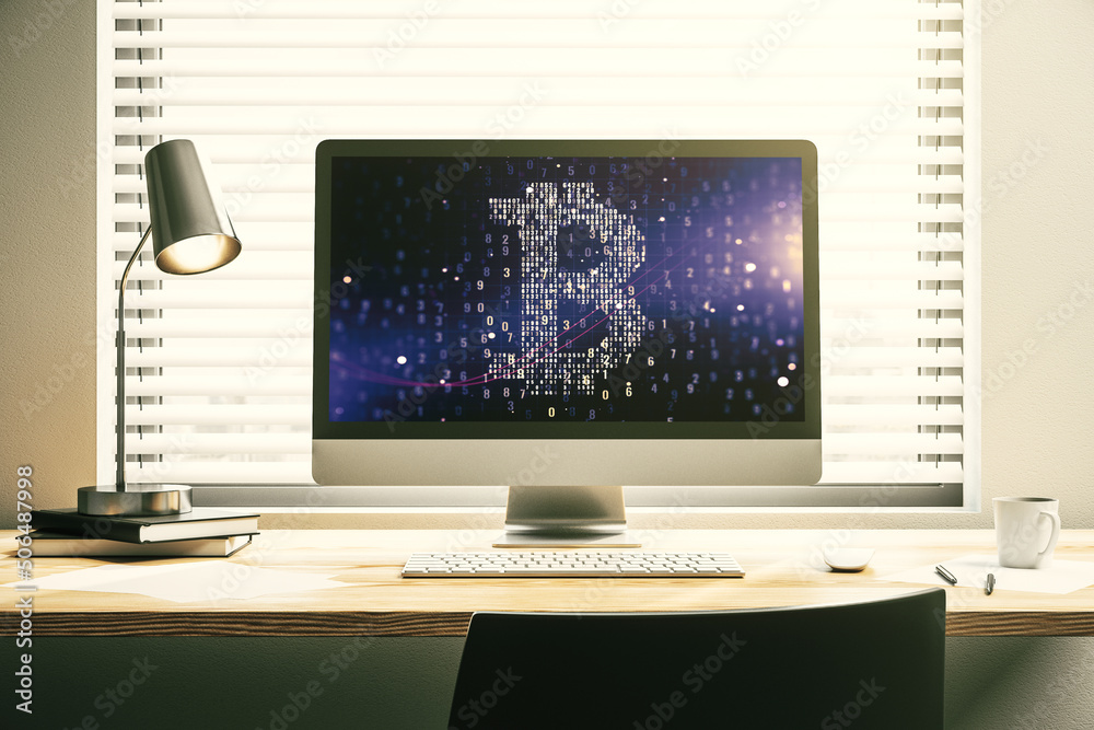 Poster modern computer display with creative bitcoin symbol hologram. mining and blockchain concept. 3d ren