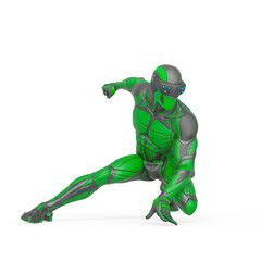 super hero is doing a comic action pose in an exosuit