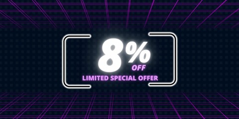 8% off limited special offer. Banner with eight percent discount on a  black background with white square and purple