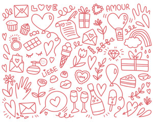 Doodle red and pink love objects cute set vector