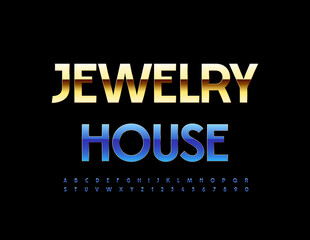 Vector elegant logo Jewelry House. Premium Alphabet Letters, Numbers and Symbols set. Modern Blue and Gold Font