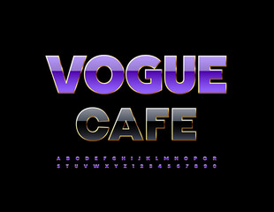 Vector chic emblem Vogue Cafe. Violet and Gold glossy Font. Elegant Alphabet Letters and Numbers set