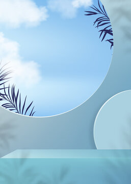 Studio room backdrop with 3D podium display, palm leaf,cloud,blue sky on wall background,Vector illustration banner cylinder mockup, Minimal design for Spring, Summer product presentation