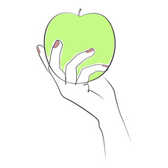 Apple in hand one line drawing on white isolated background