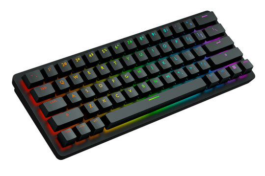 Black computer keyboard with rgb colors isolated on white background.
