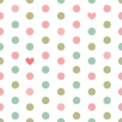 Colorful seamless vector pattern with polka dots and hearts isolated on white background. Flat style design. Vintage texture for wrapping paper, print, card, gift, fabric, textile, wallpaper.