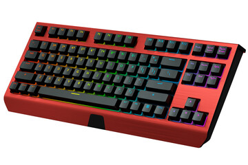 Red computer keyboard with rgb colors isolated on white background.