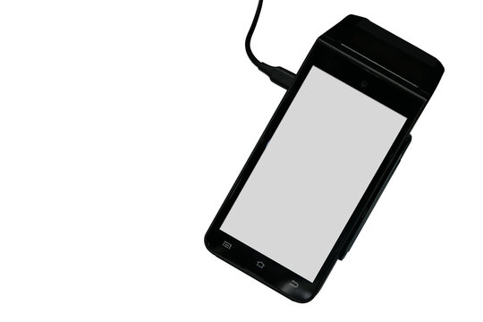 top view, white screen on black card swipe on white background, object, technology, business, copy space