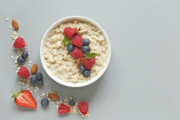 Oatmeal porridge with fresh berries. National Porridge Day, banner. Creative flt layot.