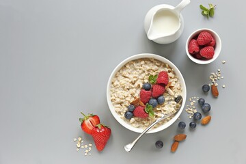 Oatmeal porridge with fresh berries. National Porridge Day, banner. Creative flt layot.
