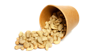 Cashews in an organic package on an isolated white background.