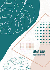 Abstract frame, color wave, monstera leaf. Vector illustration, modern art graphics, posters, banners, brochures with place for text.