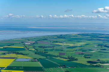 Aerial view of the North Sea coast just before the Frisian Islands during the approach to Wangerooge.