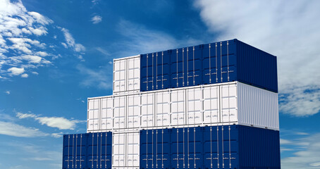 3D Illustration container. 3D rendering of Finland national flag color shipping container on blue sky. International logistics to Finland.