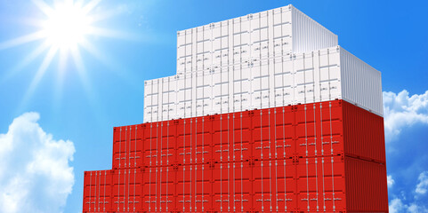 3D Illustration container. 3D rendering of Poland national flag color shipping container on blue sky. International logistics to Poland.