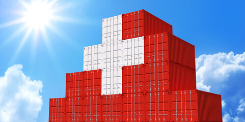 3D Illustration container. 3D rendering of Swiss national flag color shipping container on blue sky. International logistics to Switzerland.