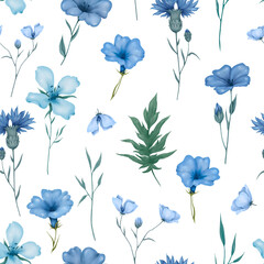 seamless pattern with watercolor blue flowers