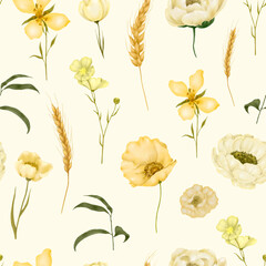 seamless pattern with watercolor yellow flowers