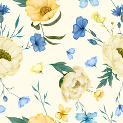 seamless pattern with yellow and blue watercolor flowers