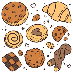 Cute doodle cartoon bakery and cookie set. Hand drawn isolated vector illustration