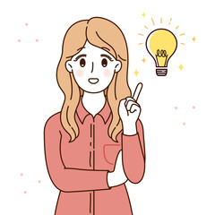 Excited young woman having a good idea and pointing her finger up cartoon vector illustration