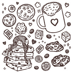 Set of doodle sweet food vector illustration on white background. Hand drawn sketch with desserts, cookie, coffee, ice cream for bakery shop or cafeteria