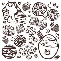 Set of doodle sweet food vector illustration on white background. Hand drawn sketch with desserts, cakes, cookie, ice cream for bakery shop or cafeteria