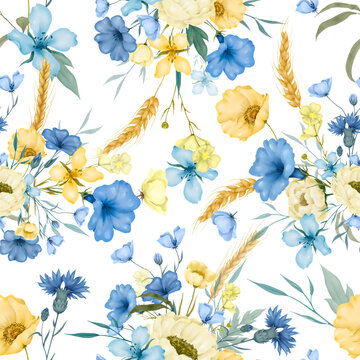 seamless pattern with yellow and blue watercolor flowers