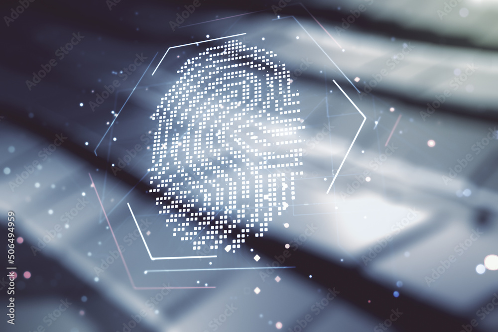 Poster Multi exposure of virtual abstract fingerprint illustration on blurry abstract metal background, digital access concept
