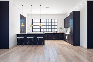 Front view on modern spacious sunny kitchen room with dark navy stylish kitchen set, golden lamps, white walls and wooden floor. 3D rendering