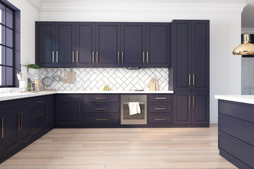 Front view on modern dark blue kitchen set in sunny home kitchen room with stove, golden decoration details and wooden floor. 3D rendering