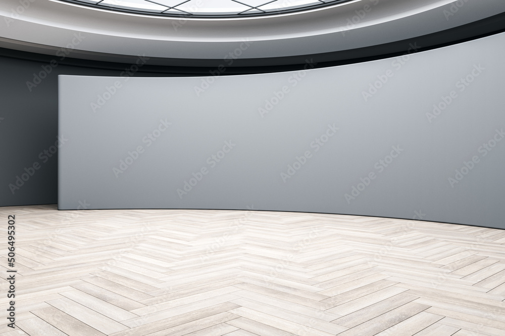 Poster Light empty wooden floor in spacious round hall for presentation and grey decorated wall and squared ceiling. 3D rendering, mock up