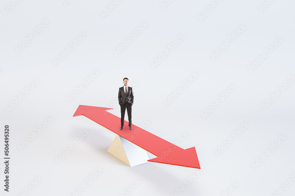 Poster choosing the right life concept with businessman staying on red arrow like on a swing on abstract li