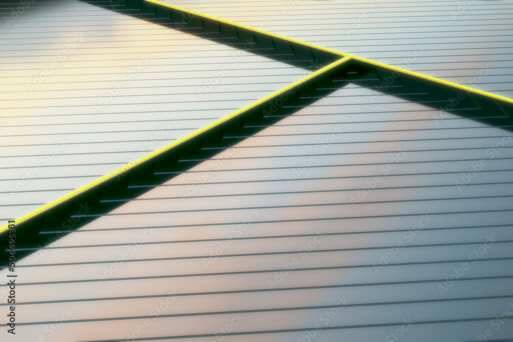 Aufkleber Abstract modern backdrop with side view on lined metallic surface and bright yellow lines. 3D rendering