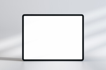 Blank white digital tablet display with copyspace for your logo in the center on abstract light background with sunny shadows. 3D rendering, mock up