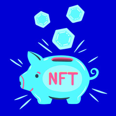 Piggy bank with NFT tokens. Nft and cryptocurrency investment concept. Concept illustration of accumulation of cryptocurrency